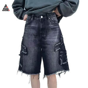 Shorts en jean vintage pour homme, broderie appliquée, cristal, Y2K, délavé, ourlet brut, streetwear, coupe régulière, écologique - Product Image 4