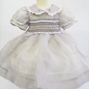 Hand <b>Smocked</b> Baby <b>Girl</b> Ivory Organza <b>Dress</b> with Lace Trim, Classic Infant Toddler Boutique Party <b>Dress</b> - Product Image 1