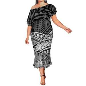 Vestido de sirena personalizado con arte de la isla de Samoa, vestido polinesio con hombros descubiertos y cola de pez con doble volante, moda tongana de lujo - Product Image 4