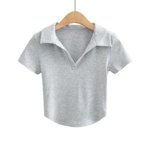 T-shirt d'été mince pour femme à col polo Tops courts en jersey de coton basique avec manches courtes Fit & Tight Fit Design - Product Image 6
