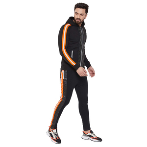 Men's Black Hooded Tracksuit With Orange Stripes Full Sleeve Zipper Sporty Sweat Suit Autumn Wear Regular Fit Side Pockets - Product Image 5