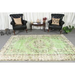 Vintage 5.8x8.8ft tapis turc classique vert Beige Patchwork laine salon tapis Latex support Rectangle rayé couloir - Product Image 2