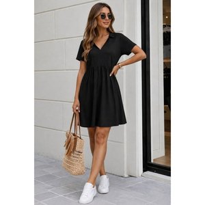 Women's Short-Sleeved V-Neck, Gathered Waist <b>Viscose</b> Two-Thread Short <b>Dress</b>, 37039 - Black - Product Image 1