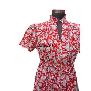Women's Casual Hand Block Printed Cotton Short Dresses Soft Bodycon Design with A-Line Cute Pockets Simple Everyday Wear - Product Image 4
