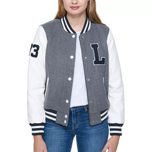 Women's New Street Style Varsity Jacket Solid Pattern Stand Collar Breathable Woolen <b>Fabric</b> with Cow Skin Leather Sleeves - Product Image 5