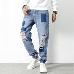 Tenue de luxe en denim pour hommes vente en gros personnalisée jeans de jogging à coutures déchirées pour hommes rue vent déchiré couture jeans pour garçons - Product Image 1