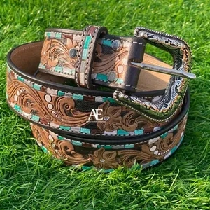 New Arrival Genuine Leather Western Hand Tooled And Hand Painted Floral Belts Real Handmade Tooled Leather Unisex Waist Belts