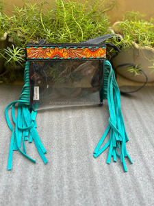 New Real Western Stylish Handcrafted Tooled Leather Fringe Clear Stadium <b>Bags</b> Color Tooled Leather Coin <b>Change</b> Keyring Wallets - Product Image 4