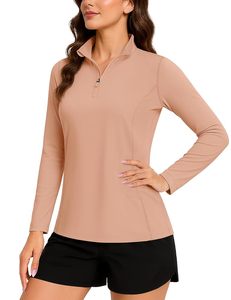 Chemise à manches longues à séchage rapide, col zippé, protection solaire UPF 50+, style vintage, 100% coton, brodée, pour femmes, golf - Product Image 2