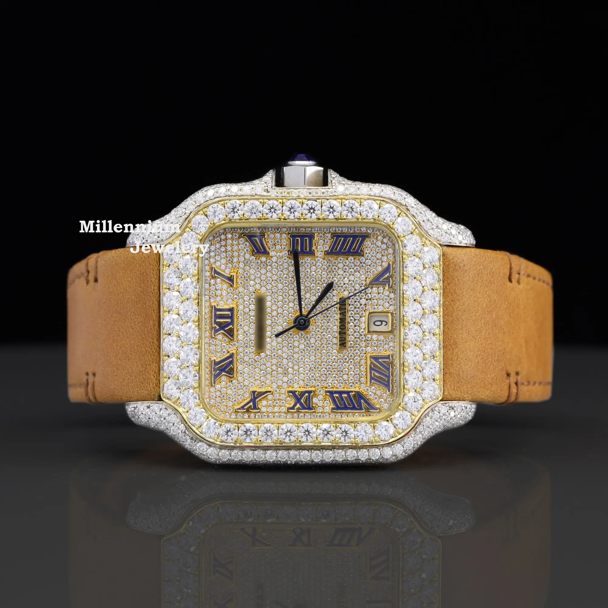 คุณภาพสูงตรา Iced Out Moissanite นาฬิกานาฬิกาสแตนเลสนาฬิกา Hip Hop ที่ต่ําสุดราคาสายพานหนัง