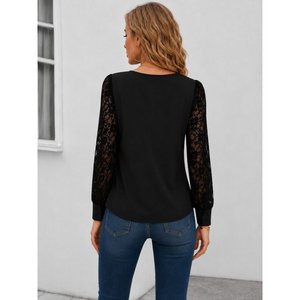 Blusa de Crepé de Manga Corta para Mujer con Detalle en V y Mangas de Encaje, 37217 - Negro - Product Image 3
