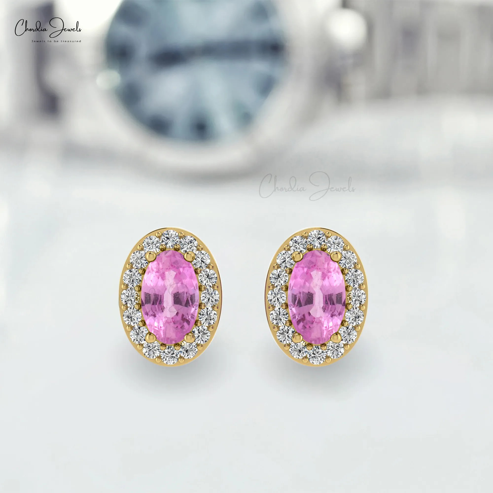 Autentico borchie rosa zaffiro con diamante circondato 5x3mm pietra preziosa ovale 14k gioielli in oro massiccio produttore e fornitore