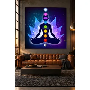 ภาพพิมพ์บนผ้าใบดอกบัวเรืองแสงสีฟ้าฟิดาและจักระหยินหยาง - Product Image 1