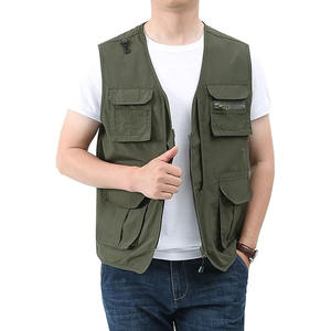 Gilet Cargo utilitaire sans manches à col en V pour hommes, fabriqué en usine, vert olive, avec plusieurs poches et poches intérieures - Product Image 1