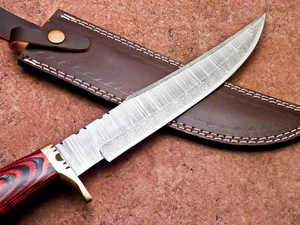 Hunting Knife Damascus Steel Camping Bowie Partially Serrated Edge Hardwood Handle <b>Hand</b>-<b>Casted</b> Brass Bolster 3-Year Warranty - Product Image 2