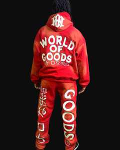 Design personnalisé vêtements de rue 500gsm poids lourd en détresse hommes survêtement patchwork pantalon de survêtement évasé et ensemble de sweat à capuche - Product Image 1