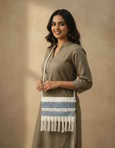 Craftstages International Handmade Designer Dari Cotton Eco-Friendly Ladies Shoulder Bag Square Thread Pattern Handloom Zipper - Product Image 2