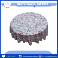 Produits les plus vendus Nappe ronde en coton avec imprimé Paisley Bordure bleue et rose Décoration d'intérieur classique Tissu tissé lavable