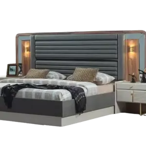 מיטות אפורות מיטה זוגית מעצבת חדר שינה 2x שידות לילה מעץ 3 חלקים