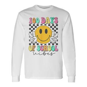 Maglietta a Maniche Lunghe con Faccina Sorridente per il 100° Giorno di Scuola, T-Shirt Promozionale per l'Atmosfera del 100° Giorno di Scuola - Product Image 1