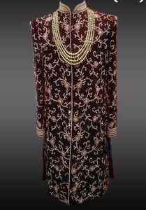 NEW ZARI EMBROIDERY on MAROON VELVET SHERWANI,<b>PANT</b> & MATCHING SHOE WITH EMBELLISHED CRYSTAL GLASS BEADS,STONE,DABKA WORK @ 2024 - Product Image 2