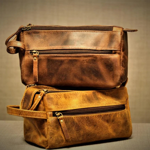 Vintage Leather Toiletry <b>Bag</b> Medium Capacity Double Zipper Closure Soft Handle Travel Dopp <b>Kit</b> - Product Image 3