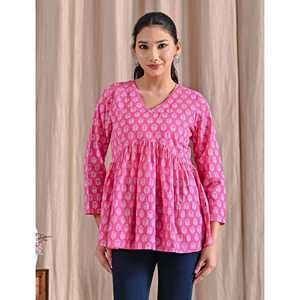 Top Peplum Rosa de Algodón Estampado Jaipuri, Transpirable, Casual, con Cintura Imperio - Product Image 1