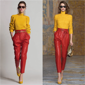 กางเกงหนังมีเชือกผูกเอวสำหรับผู้หญิงกางเกงหนัง PU สำหรับสตรี - Product Image 2