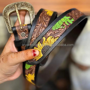 Hecho a mano de cuero genuino Floral girasol mano Tooled Jeans cinturón occidental de cuero de grano completo Cactus pintado hombres y mujeres cinturones - Product Image 4