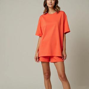 Premium Quality Plus Size Solid Streetwear Neck T-<b>Shirt</b> <b>Shorts</b> Drop Shoulder <b>Short</b> Sleeved 100% Cotton <b>Women</b> Two Piece <b>Sets</b> OEM - Product Image 2