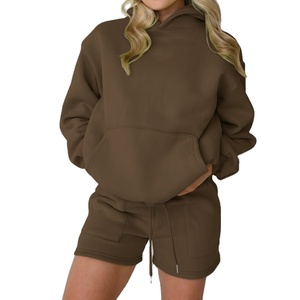 Mode personnalisée couleur Logo décontracté polaire 2 pièces femme sweat à capuche ensemble court 100% coton femmes sweat à capuche ensemble short - Product Image 1