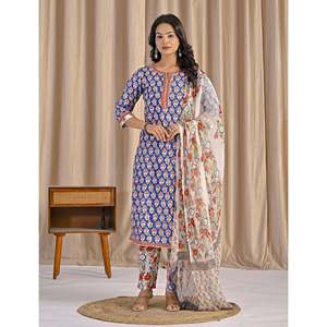 Blue Hand Drawn <b>Block</b> <b>Printed</b> Cotton Anarkali Kurta Pant Set Indian Style Soft Ethnic Wear for Daily Party Wear Net Fabric - Product Image 3