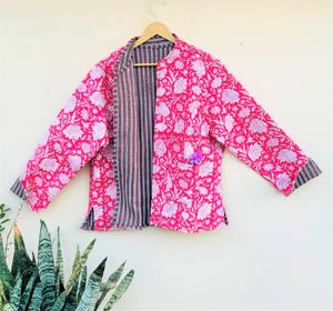 Indian Cotton Women's Quilted Jacket Block Printed Boho Style Quilted Handmade Jackets <b>Coat</b> Holidays Gifts <b>Button</b> Closer Jacket - Product Image 2