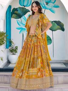 Jaune multicolore imprimé Chinnon soie Dori Zari broderie coton Lehenga ensemble réversible Salwar Kameez décontracté fête mariage - Product Image 4