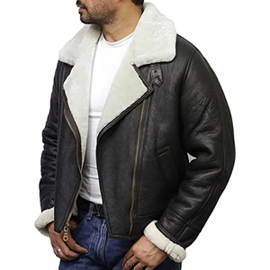 Black Flying Pilot Shearling <b>Leather</b> Bomber <b>Jacket</b> <b>Winter</b> <b>Jacket</b> Shearling Collar Zip Up Outerwear OEM Manufacturer in Pakistan - Product Image 5