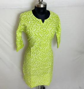 Kurti en coton imprimé vert citron avec manches 3/4 - Product Image 3