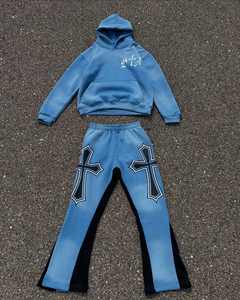 Custom Applique Distressed <b>Patch</b> Embroidered Acid Washed Crop Hoodie Set Flared Stacked Tracksuit Sweatsuit Men - Product Image 6