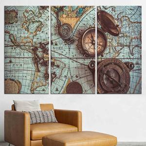 Impression sur toile de carte du monde vintage : élégante décoration murale avec boussole en laiton, lot de 3 toiles - Product Image 1