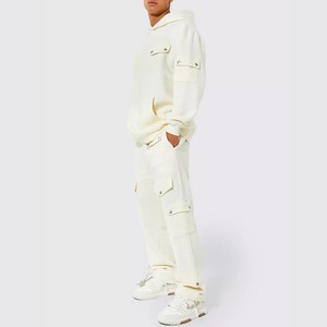 Conjunto de chándal Cargo de lana de algodón para hombre, ropa deportiva con logotipo personalizado, Sudadera con capucha y pantalones para correr, ropa informal de moda, conjuntos de chándal Cargo - Product Image 1