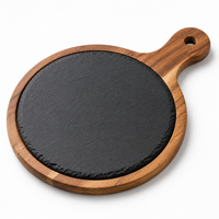 Plateau de service en bois d'acacia et ardoise noire naturelle pour steak, sushi, pizza, fromage et repas en restaurant