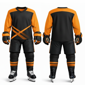 ชุดฮอกกี้น้ำแข็งสีเทาเข้มและสีส้มยอดนิยม - ออกแบบโลโก้ชุดกีฬาของคุณเอง เสื้อเจอร์ซีย์ลายเส้นไขว้เรขาคณิต - Product Image 3