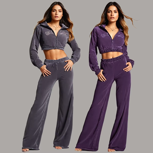 Otoño Streetwear estilo Casual 2 piezas algodón Mujer chándal logotipo personalizado ácido lavado Sudadera con capucha bordado parches terciopelo - Product Image 1