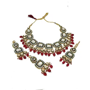 Parure de bijoux de mariée plaquée or Kundan Polki, bijoux fins pour femme, perles de verre rouges, collier choker Polki en émail vert, boucles d'oreilles - Product Image 4