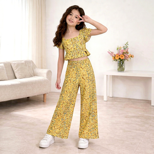Women's Loose Sheer Floral Print Two Piece Jumpsuit <b>Set</b> <b>Square</b> Neck Ruffle Crop Top Wide Leg Pants Summer Casual Wear - Product Image 1