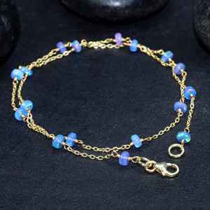 Natural Blue Fire Ethiopian Opal Beaded 925 <b>Sterling</b> <b>Silver</b> 14K Gold Plated <b>Wire</b> Wrap Necklace October Birthstone Jewelry - Product Image 3