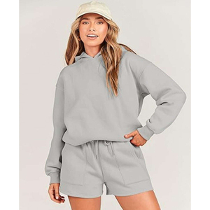 Trendy <b>Women</b> Two Piece Hoodie And <b>Shorts</b> Outfit Cozy And Stylish Casual Set For Gym Yoga Or Walks - Product Image 2