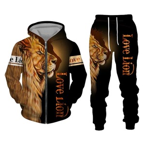 Sudadera con capucha y cremallera para hombre, chándal de otoño e invierno, sudaderas con estampado 3D De León Animal, conjuntos de pantalones, ropa informal de gran tamaño de alta calidad - Product Image 3