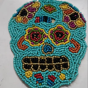 Ethical Artisan Handmade Beaded <b>Skull</b> Coasters Applique Bead Embroidery Motif Custom Boho & Halloween Craft <b>Decoration</b> - Product Image 1