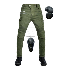 Solid green <b>mens</b> biker moto <b>jeans</b> with removable knee armor and multiple zippers for added protection - Product Image 2