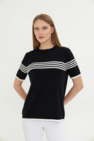 Camiseta de Punto a Rayas de Manga Corta con Cuello Redondo para Mujer, Color Negro y Blanco en Contraste, Informal, para Uso Diario, Transpirable, Corte Regular